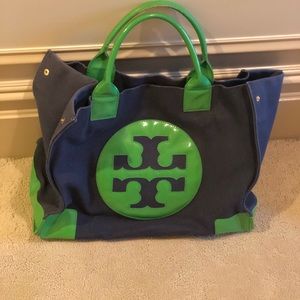 Tory Burch Navy and Green Canvas Bag